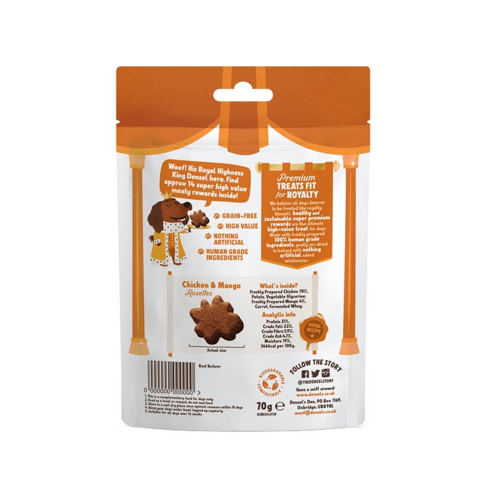 Denzel's - Healthy Dog Treats - Wholesale Pet Treats - Dog - Chicken & Mango Rosette Rewards 70g (Case of 10)1