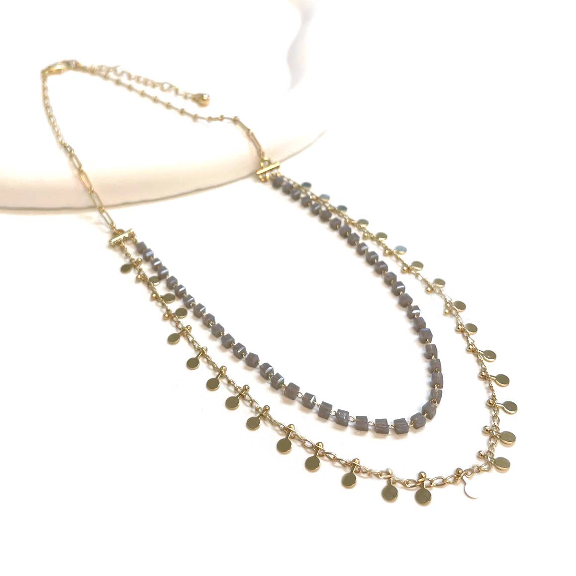 StarryNYC - Wholesale Beaded/Pearl Necklace - Square Glass Beaded with Mini Round Chip Linked Necklace2