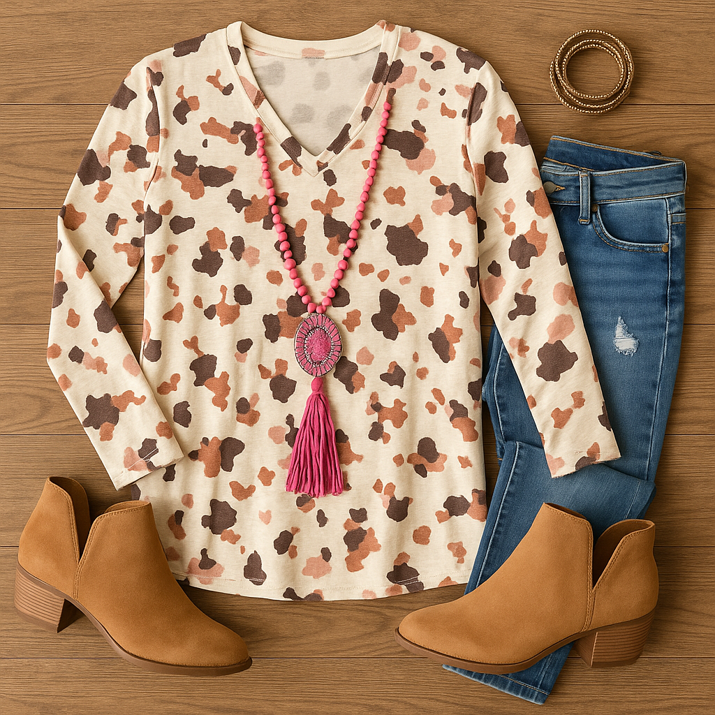 The Bling Barn - Vente Tunique – femme - Rencontrez-moi dans le haut à manches longues imprimé vache des Chutes2