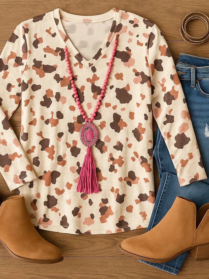 The Bling Barn - Wholesale Tunic - Women's - Meet Me In The Chutes Long Sleeve Cow Print Top2