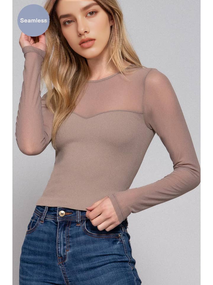 42POPS - Wholesale Knit Top - Women's - ..1008 Long Slv Mesh Combination Seamless Top SI-249498
