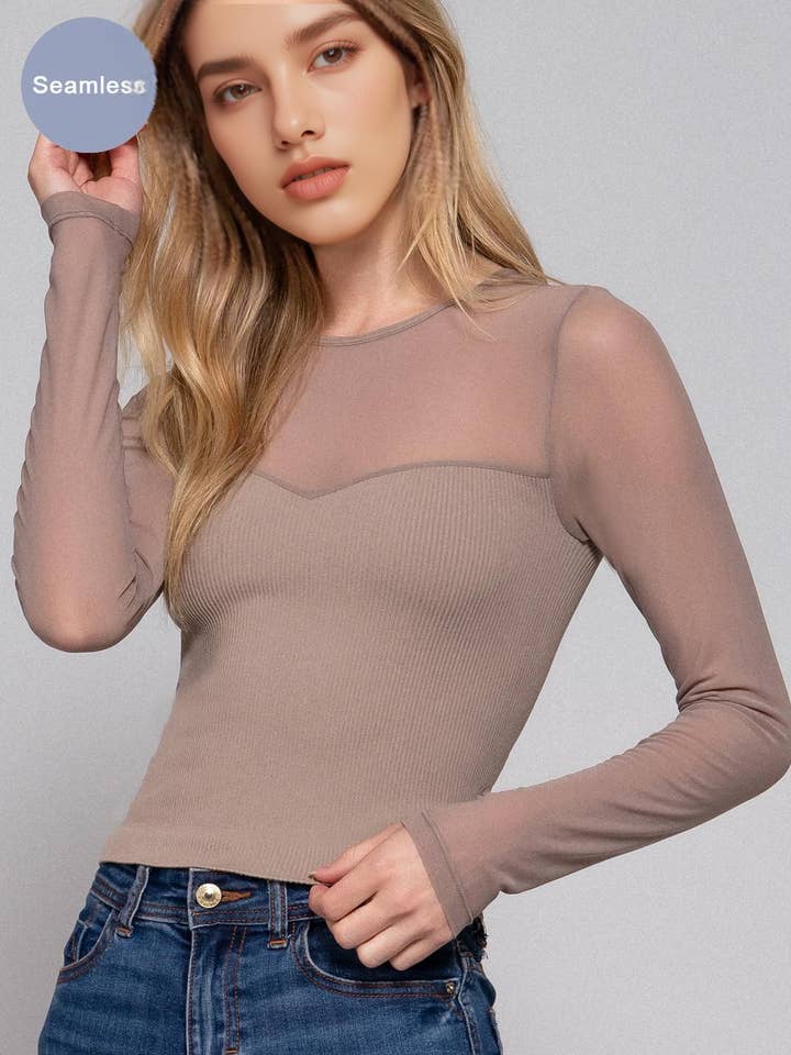 42POPS - Wholesale Knit Top - Women's - ',,....Fitted Long Slv Mesh Combination Seamless Top SI-249494