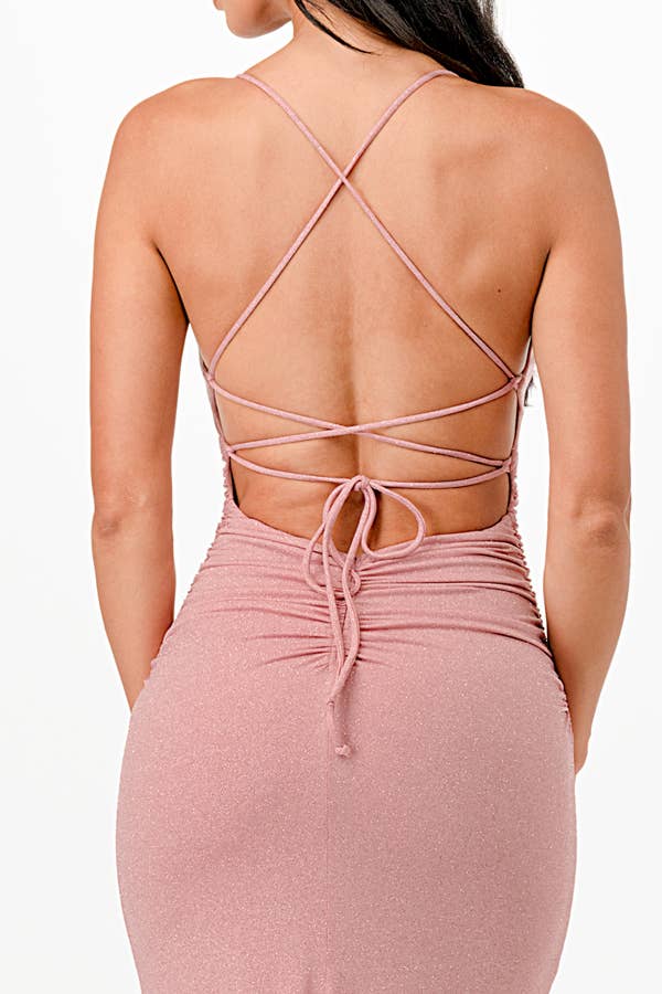 La Scala - Wholesale Dress - Women's - Glittered ITY Back lace up mermaid dress with waist shirring14