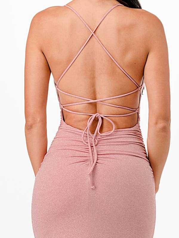 La Scala - Wholesale Dress - Women's - Glittered ITY Back lace up mermaid dress with waist shirring14