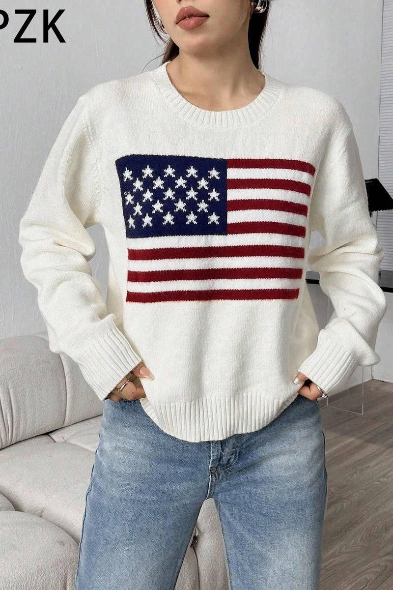 WHITE CWOSWL5753_AMERICAN FLAG LOOSE FIT CREWNECK SWEATER for wholesale on Faire