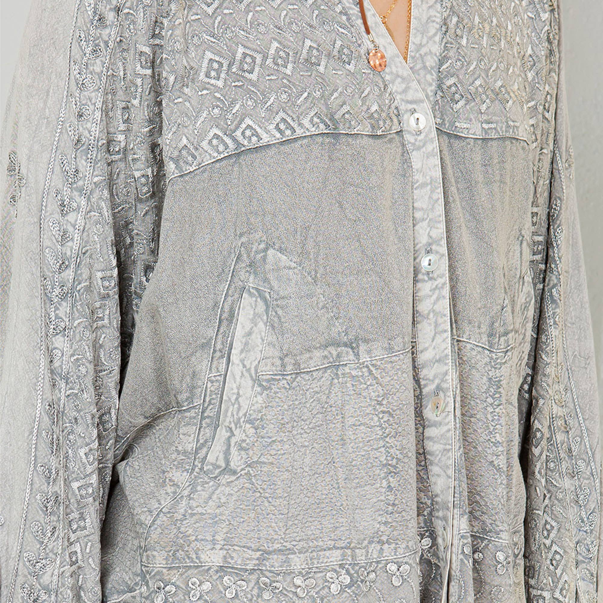 Grey Bohemian Stonewashed Rayon Bat Sleeves Top With Shirt Collar for wholesale on Faire4