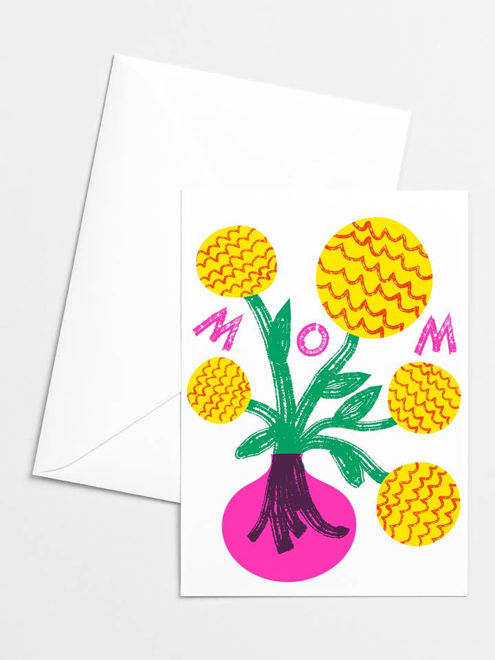 Mama Moderne Gelbe Blüten Risograph Grußkarte für den Großhandel von Mezzaluna Studio