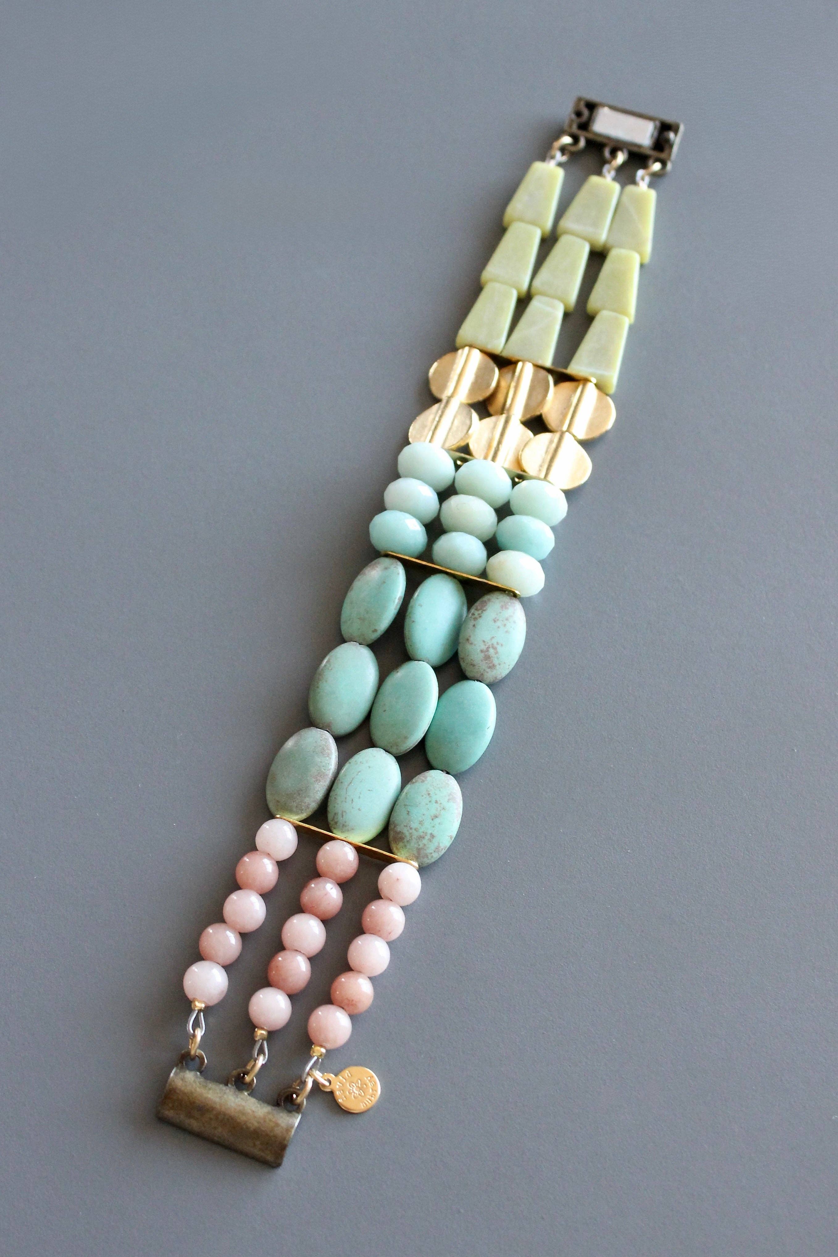 David Aubrey Jewelry - Wholesale Beaded Bracelet - MLNB07 Blush pink, turquoise, and yellow jade bracelet1