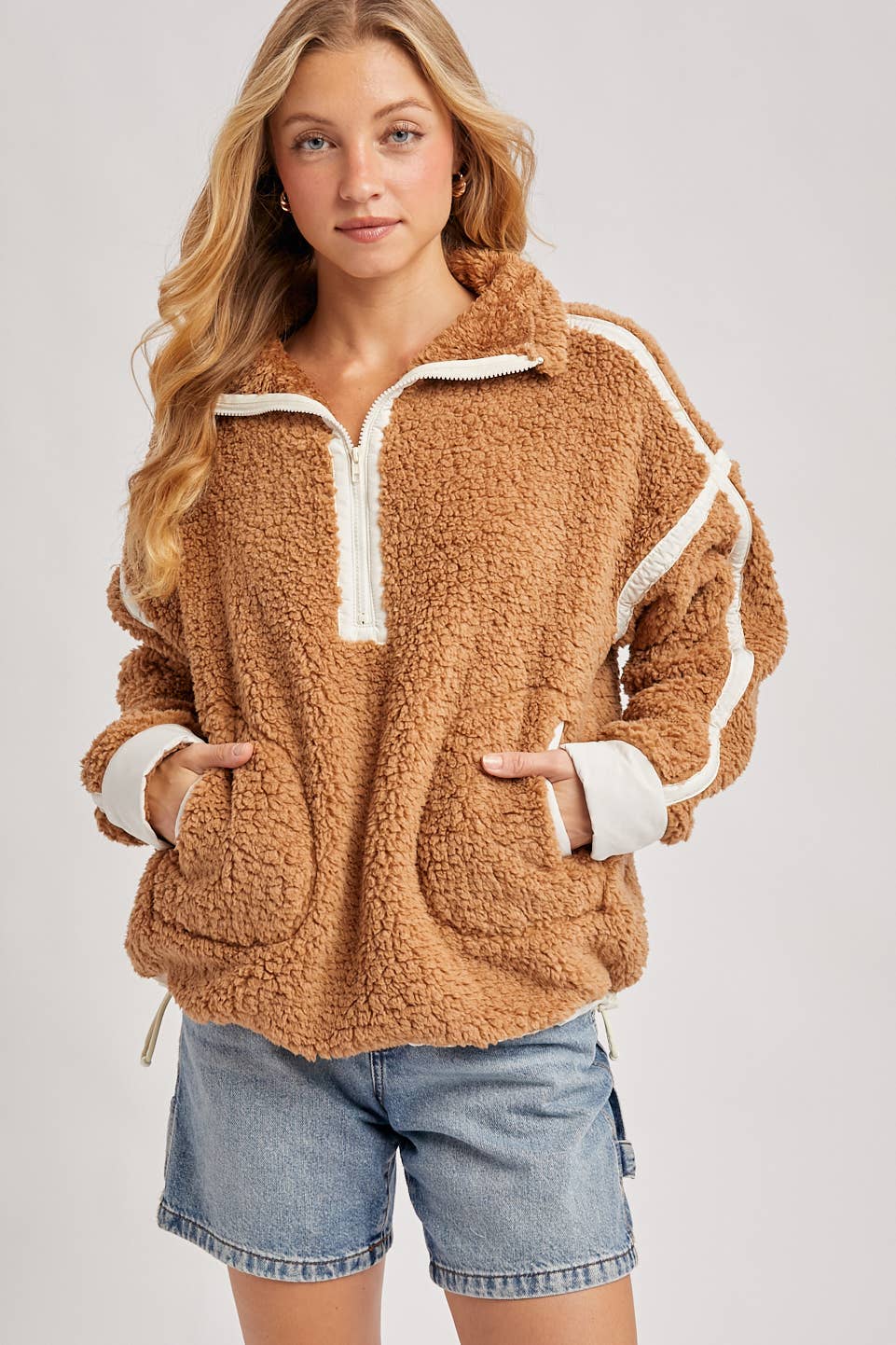 Bluivy - Wholesale Outerwear - Maternity - HALF ZIP CONTRAST SHERPA FLEECE TOP WITH POCKETS13