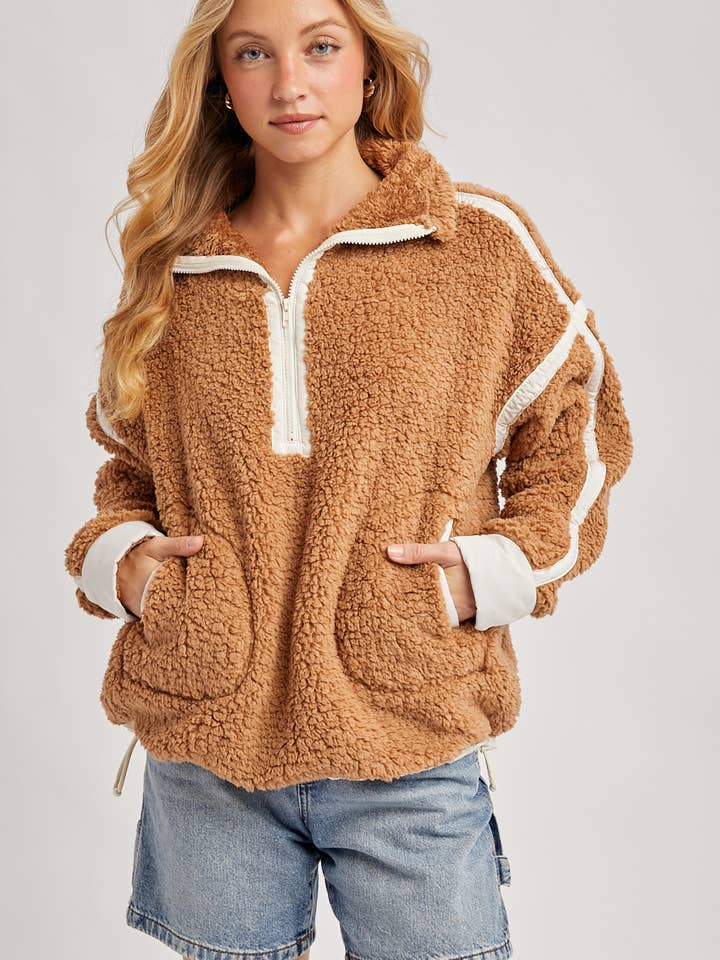 Bluivy - Wholesale Outerwear - Maternity - HALF ZIP CONTRAST SHERPA FLEECE TOP WITH POCKETS13