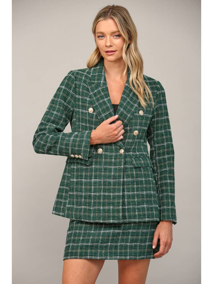 GREEN LUREX MIXED TWEED DOUBLE BREATED BLAZER FJ70076 for wholesale on Faire