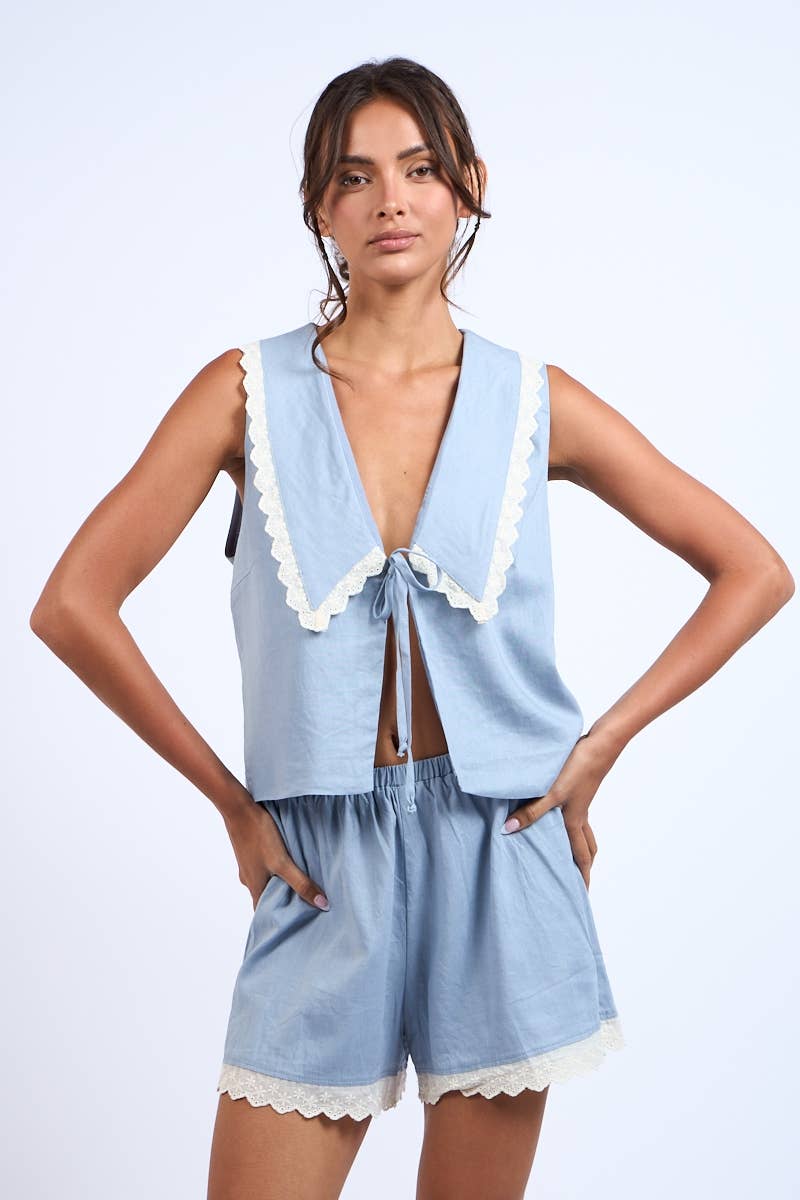 Sky to Moon - Wholesale Top & Short Set (NOT Loungewear) - Women's - WIDE COLLARED FRONT TIE LACE TRIM TOP & SHORTS SET10