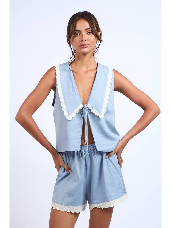 Sky to Moon - Wholesale Top & Short Set (NOT Loungewear) - Women's - WIDE COLLARED FRONT TIE LACE TRIM TOP & SHORTS SET10