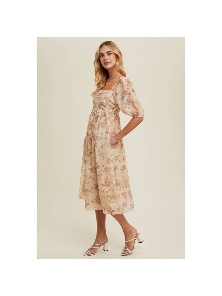 Wishlist Apparel - Venta al por mayor Vestido - Mujer - VESTIDO MIDI CON DETALLE DE BUSTO PLISADO FLORAL/WL24-9358