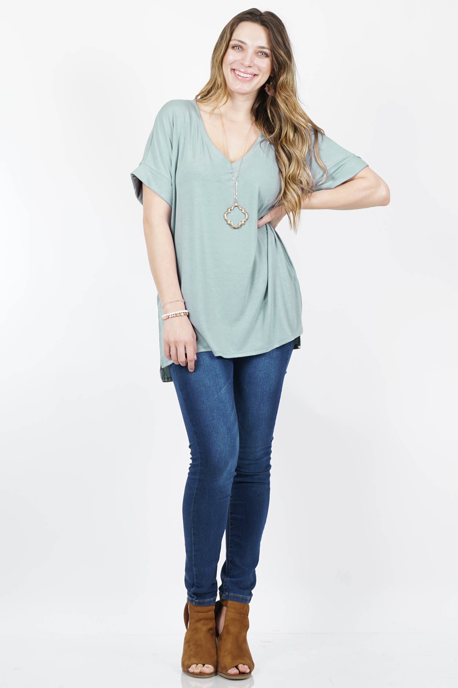 OLIVEMUSTARD  `.Plus size V Neck Top w/ side-slit for wholesale on Faire16