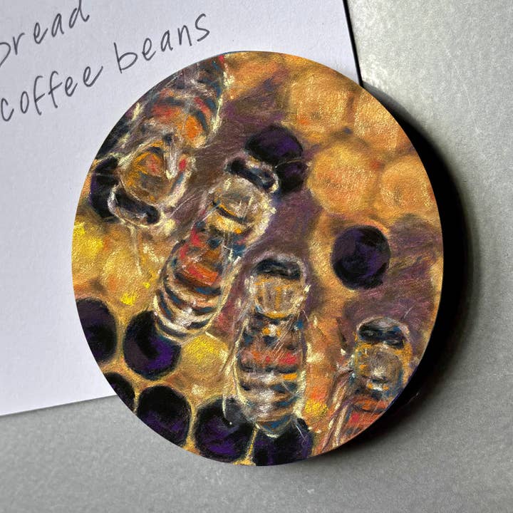 Art Magnet, 3" Circle, Wood, Honeybee Hive for wholesale by Mary Pow Designs