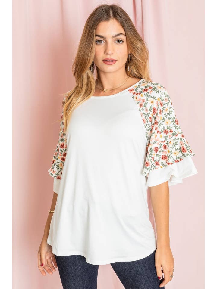 Elfenbein Tunika mit doppelter Rüschenärmel und Blumen für den Großhandel auf Faire4