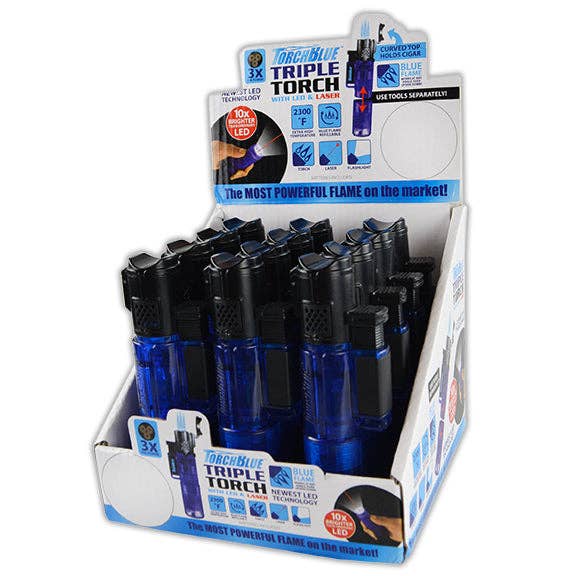 Torch Blue Triple Torch With LED Light & Laser - 12/Display for wholesale by Novelty Brands