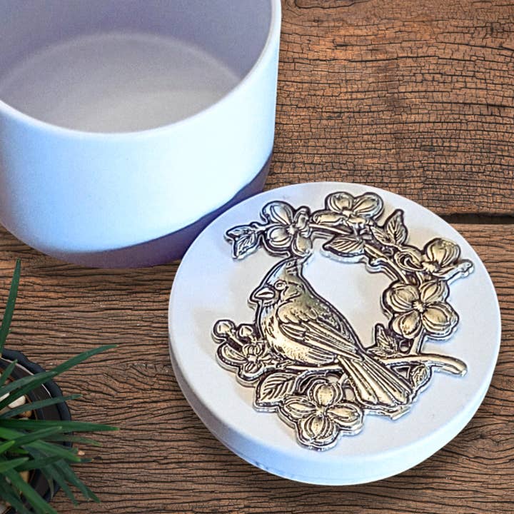 Cardinal & Dogwood Flower Pewter Medallion Box -Handmade USA for wholesale by Lucina K.