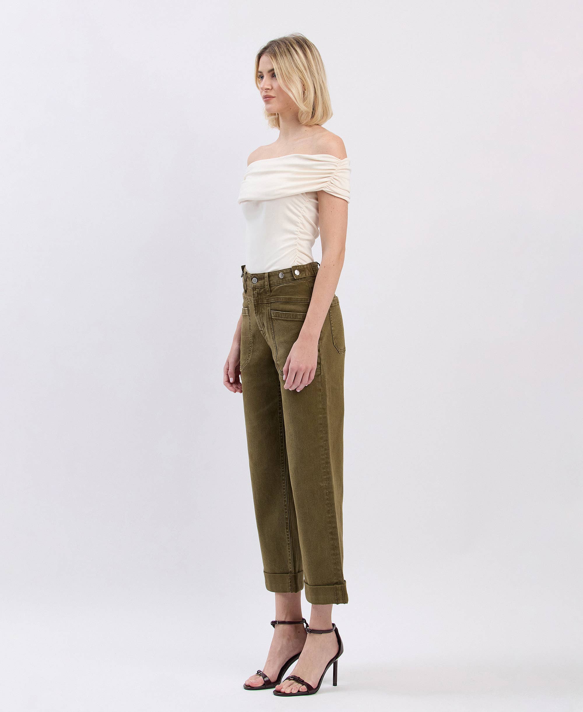 DARK OLIVE HIGH RISE TAB WAISTBAND CUFFED SLIM WIDE JEANS F5920DOL for wholesale on Faire5
