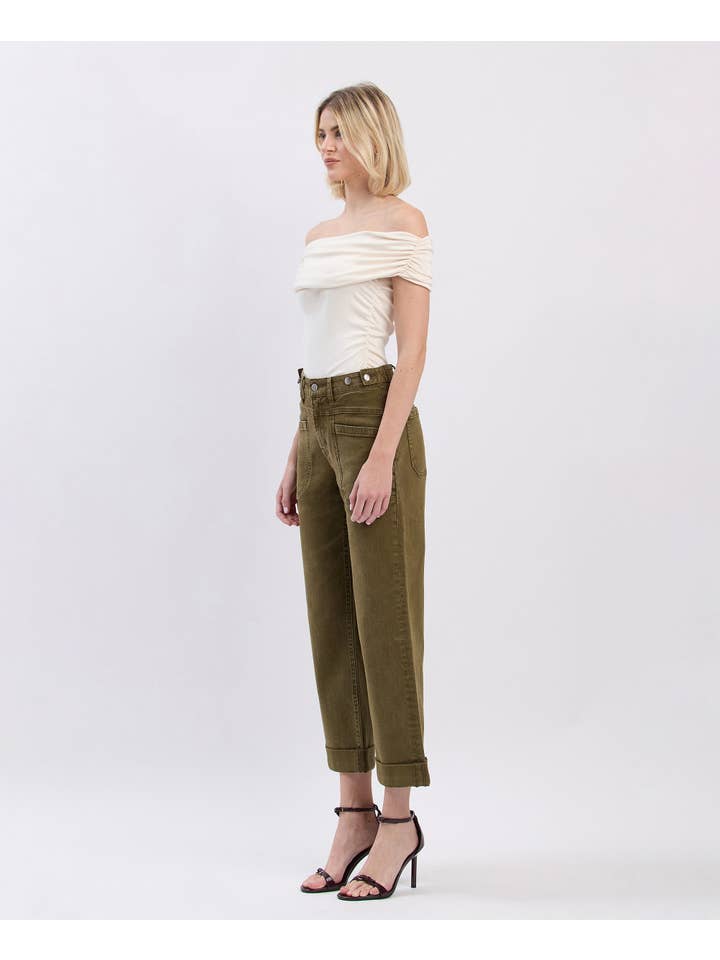 DARK OLIVE HIGH RISE TAB WAISTBAND CUFFED SLIM WIDE JEANS F5920DOL for wholesale on Faire5