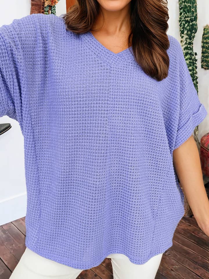 FULL SIZE Waffle V Neck Short Sleeve Summer Knit Top for wholesale by fashionworks
