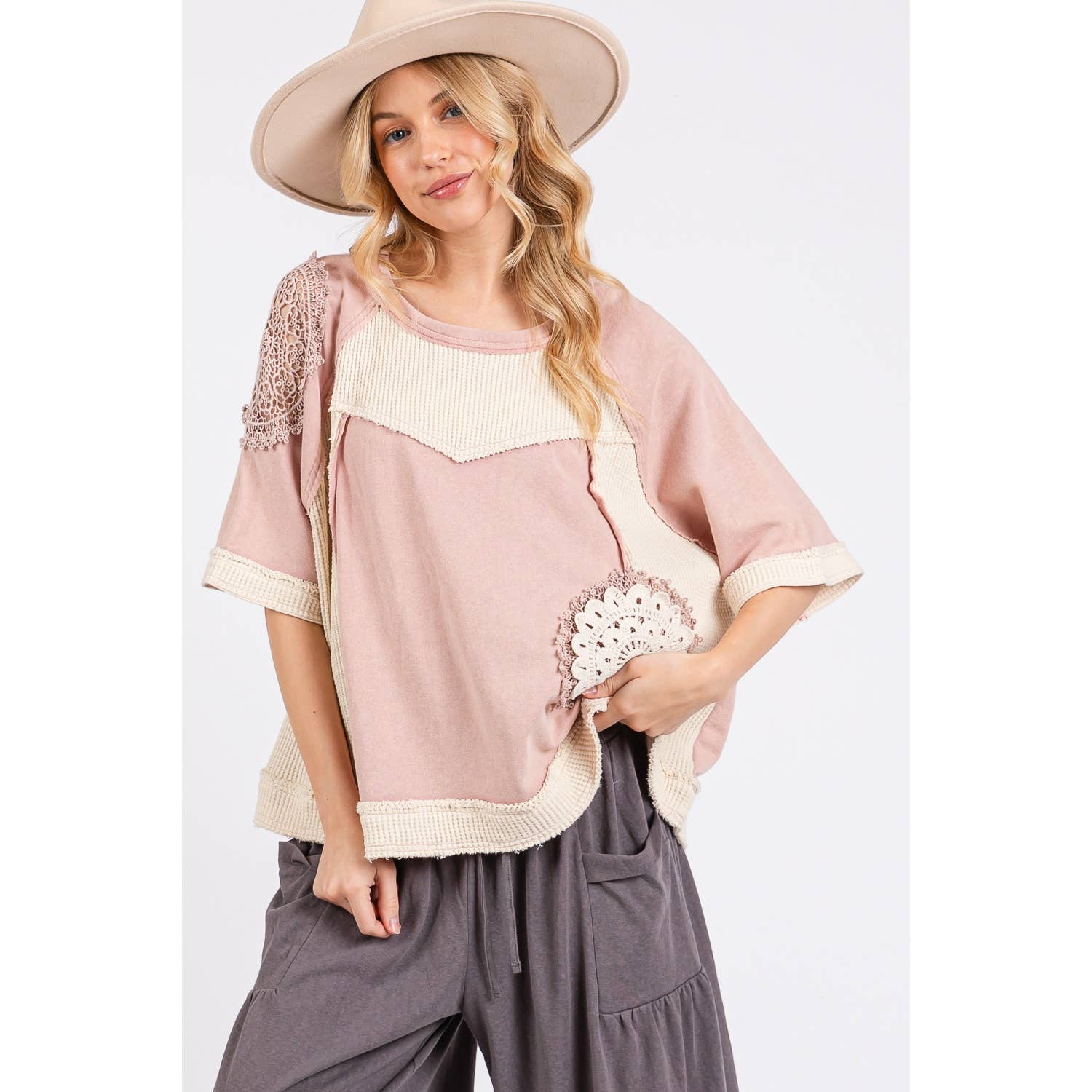 Sage VINTAGE CROCHET PATCHWORK TOP (ST7715) for wholesale on Faire15