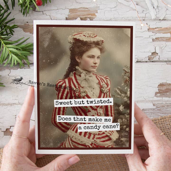 Funny Christmas Card. Sweet but Twisted Candy Cane. for wholesale by Raven's Rest Studio