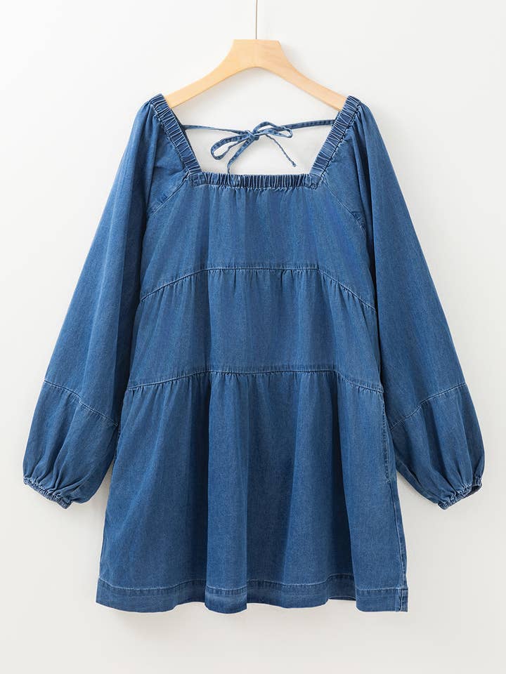Dusk Blue Square Neck Denim Mini Dress with Side Pockets for wholesale on Faire18