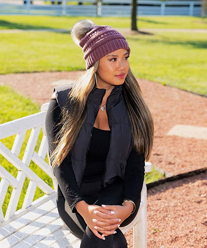 Funky Junque – wholesale Beanie – Women's – C.C Faux Fur Pom Beanie - Coco Berry2