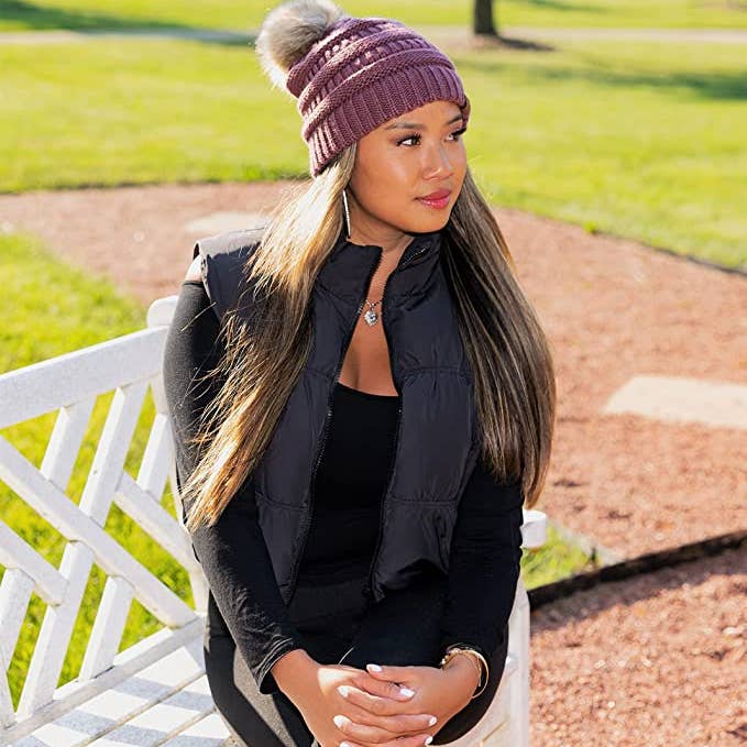 Funky Junque – wholesale Beanie – Women's – C.C Faux Fur Pom Beanie - Coco Berry2