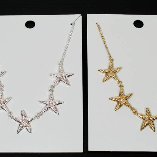 Hammered Metal Starfishes Necklace In Gold & Silver Tone for wholesale by Western Counties Wholesale
