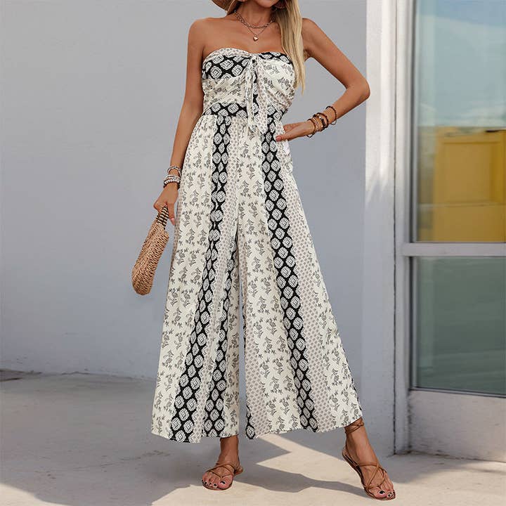 Lovesoft - Wholesale Jumpsuit - Women's - Strapless Smocked Romper Tube Top Flare Trousers Jumpsuit