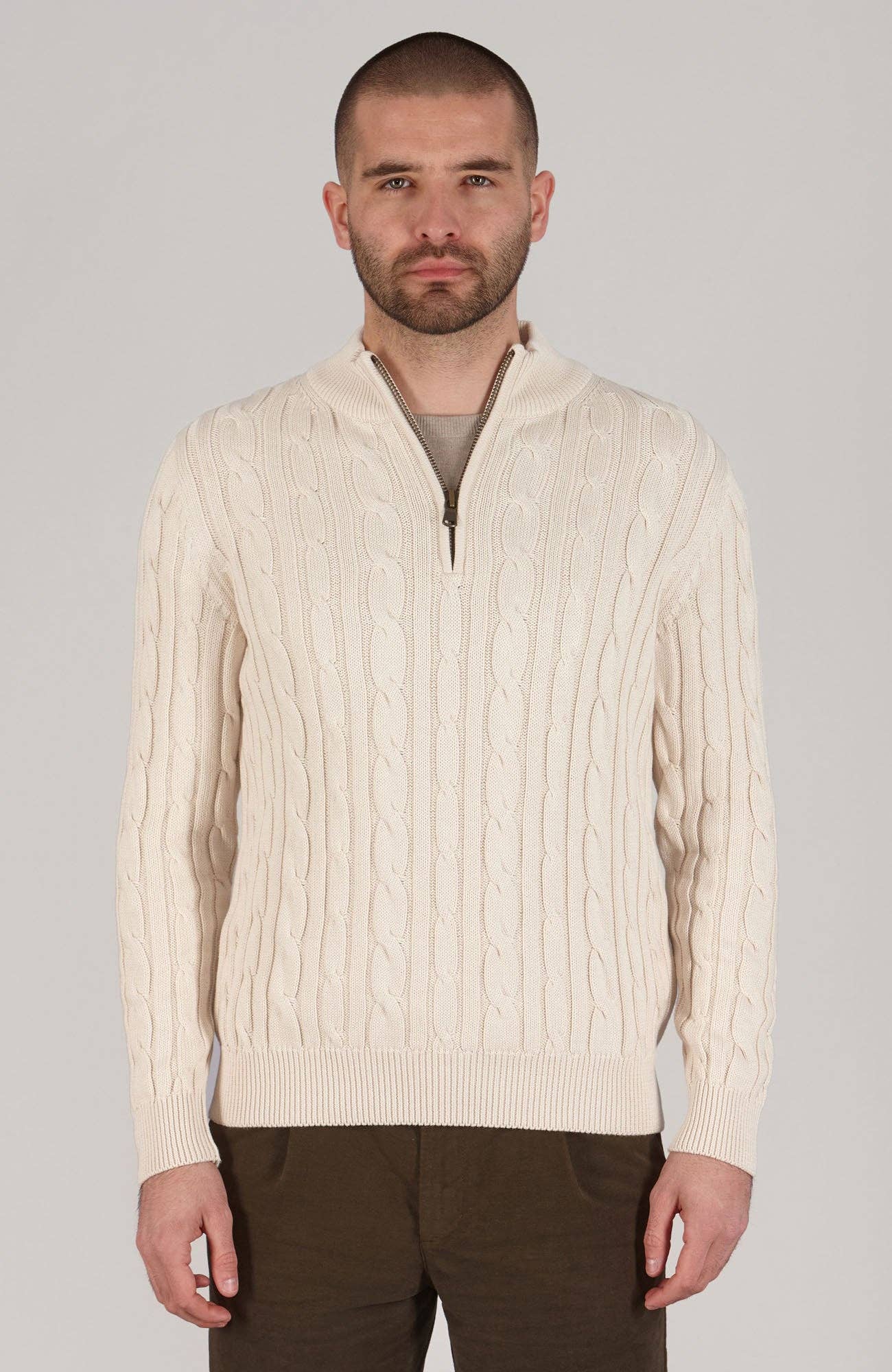 Paul James Knitwear – wholesale Knitted jumper – Men′s – Mens Midweight Cotton Cable Zip Neck Jumper1
