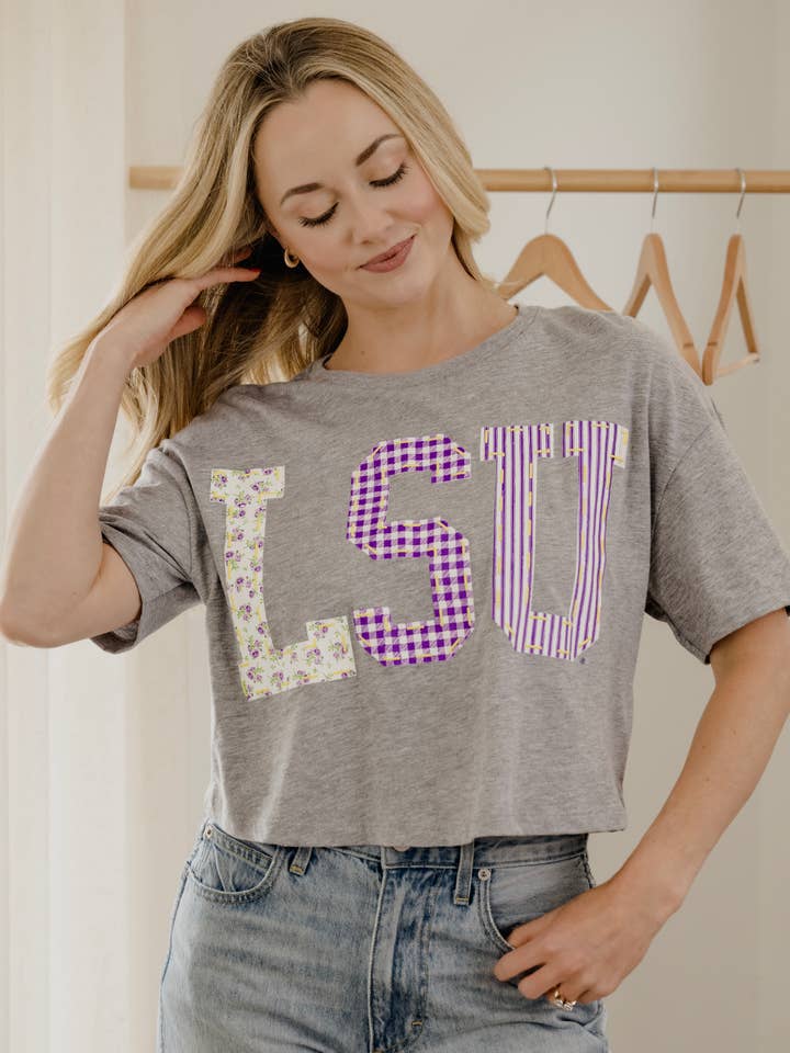 LSU Tigers Quilted Puff Ink Gray Cropped Tee for wholesale by LivyLu