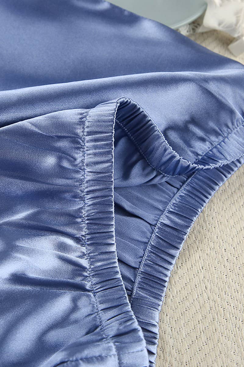 BLEU ENSEMBLE DE MAISON EN SATIN PLUME COULEUR UNIE CWSPJ0165 en vente sur Faire7