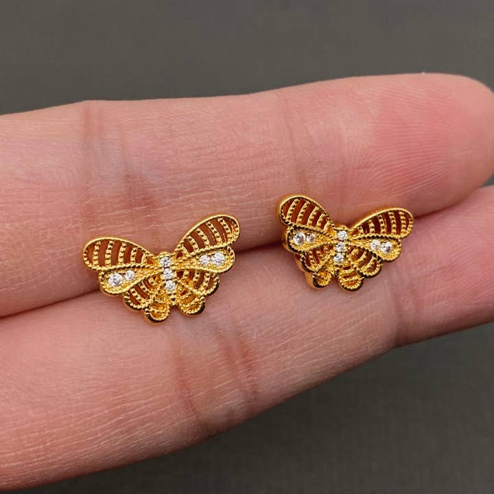 Rhinestone Inlaid 18K Gold Plated Hollow Butterfly Ear Studs for wholesale by Mio Queena