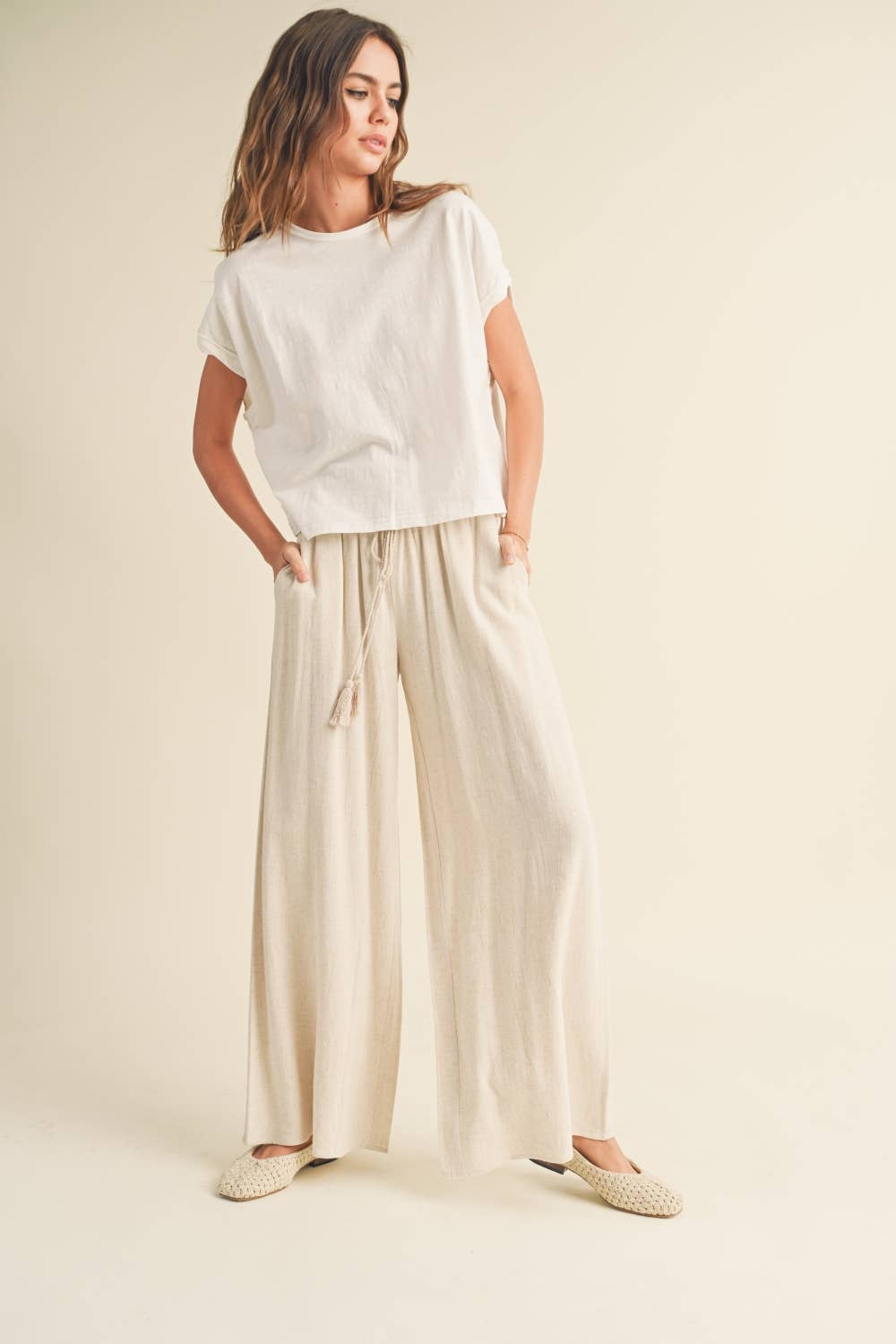 MIOU MUSE - Wholesale Pants - Women's - MMP469   COTTON LINEN SMOCKED WAIST PANTS WITH TASSEL8