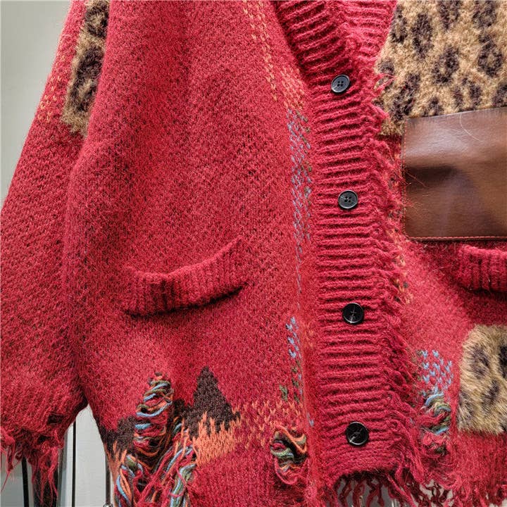 Sanyao Fashion - Wholesale Cardigan - Women's - M289 Leopard Patchwork Knit Cardigan with Frayed Edges5