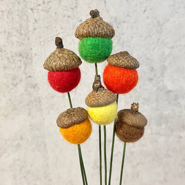 Ensemble de 6 bouquets de glands en laine feutrée, feuilles d'automne pour la vente par Oakwind Hollow
