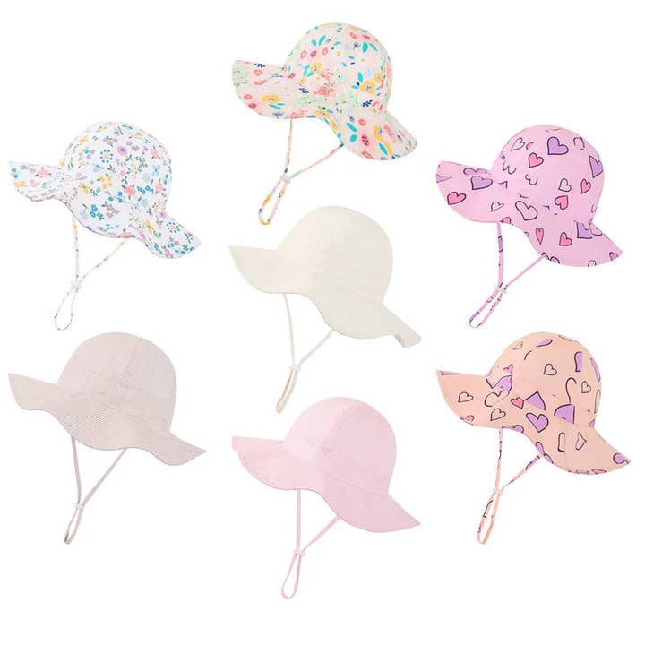 Girls' Summer Heart & Floral Print Bucket Sun Hat for wholesale by Auraquise