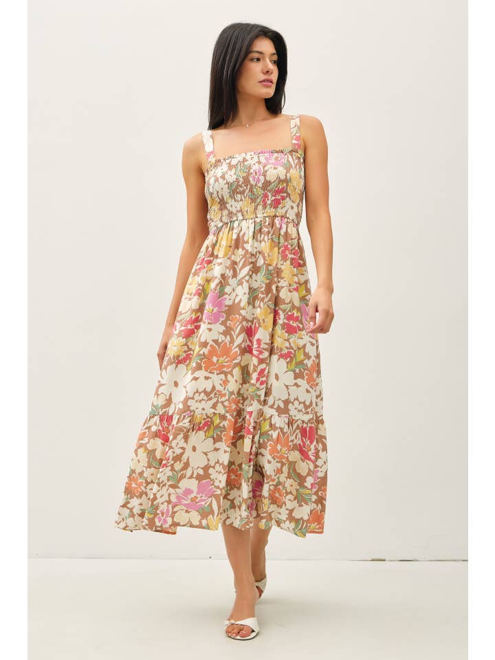 Be Cool - Wholesale Dress - Women's - FLORAL PRINTED MIDI DRESS W/ SMOCKED BODICE