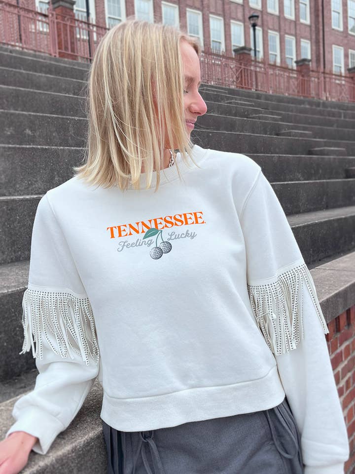 University of Tennessee Cherry on Top Disco Fringe Pullover for wholesale by Rivalry Runway