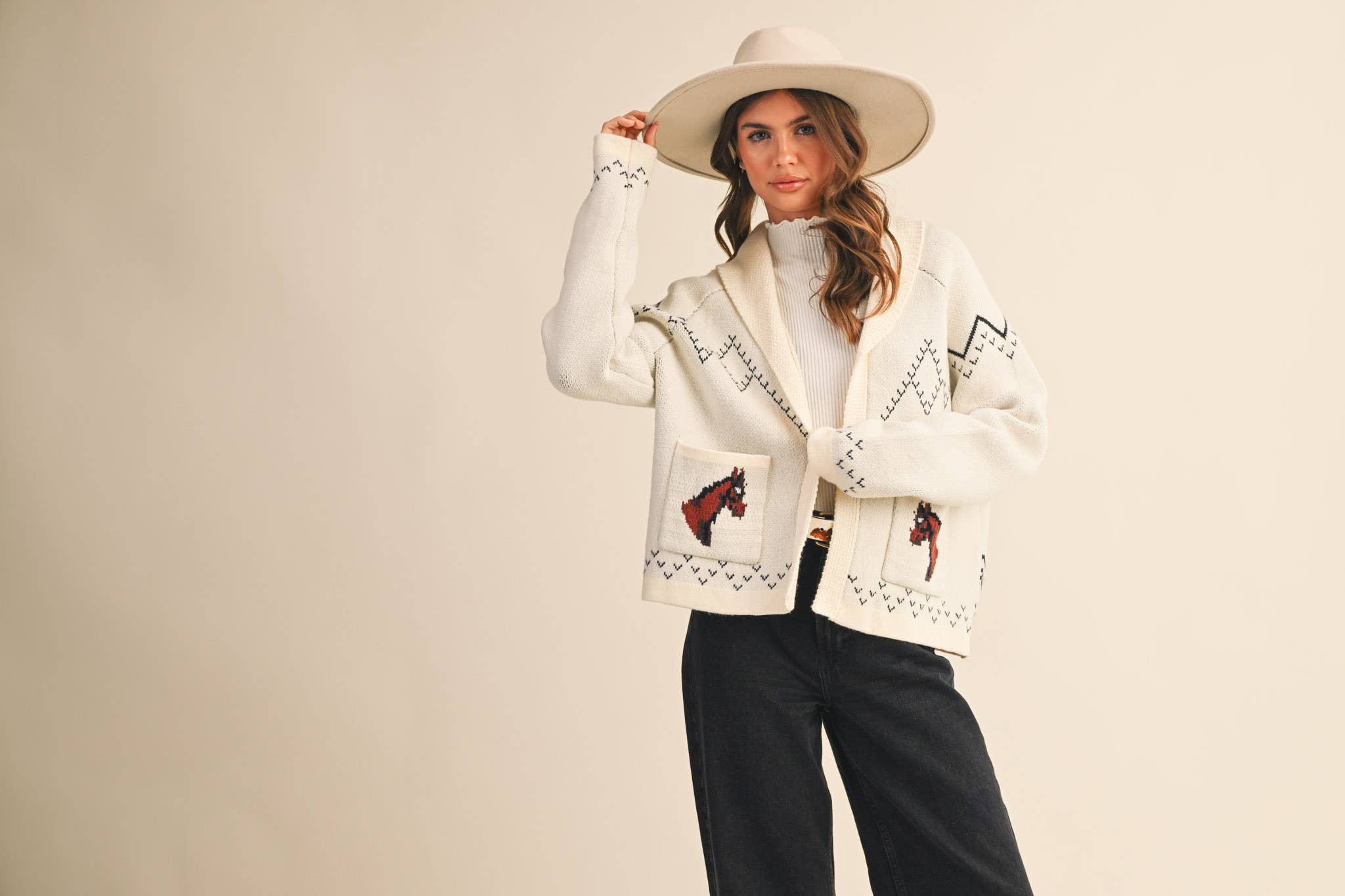 &MERCI - Wholesale Cardigan - Women's - HORSE KNIT SWEATER CARDIGAN MSW1080732