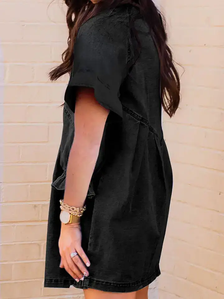 Lovesoft - Wholesale Dress - Women's - Light Blue Frilled Short Sleeve Button Up Loose Denim Shirt Dress2