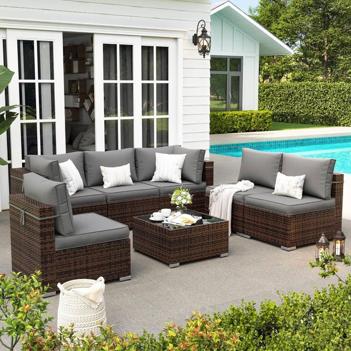 Grey Brown 7 Piece Outdoor Sectional Patio Set With Waterproof Cover for wholesale on Faire7