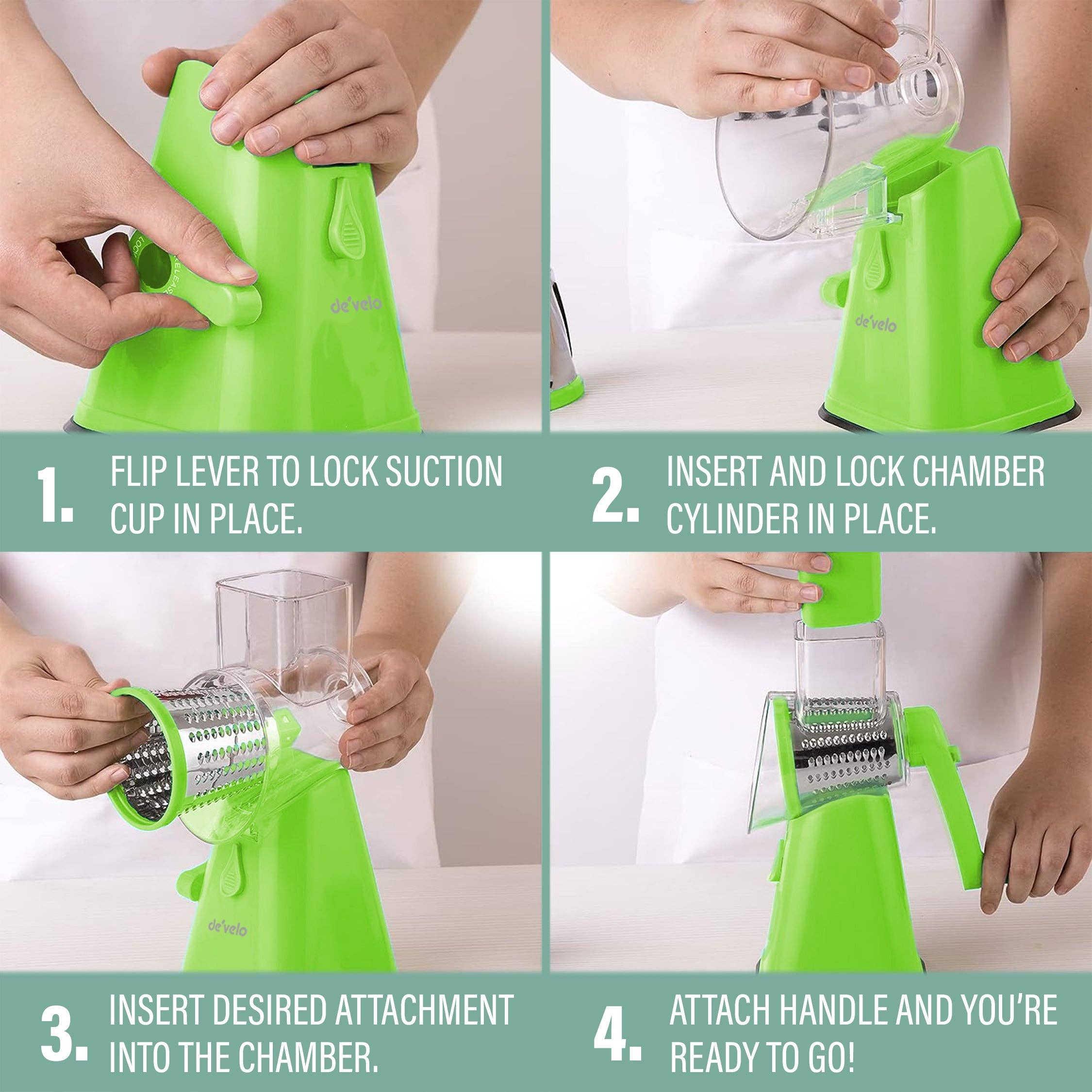 DE'VELO INC. - Vendita all'ingrosso Grattuge - Grattugia per Formaggio Rotante con Base a Ventosa e 3 Lame Intercambiabili19