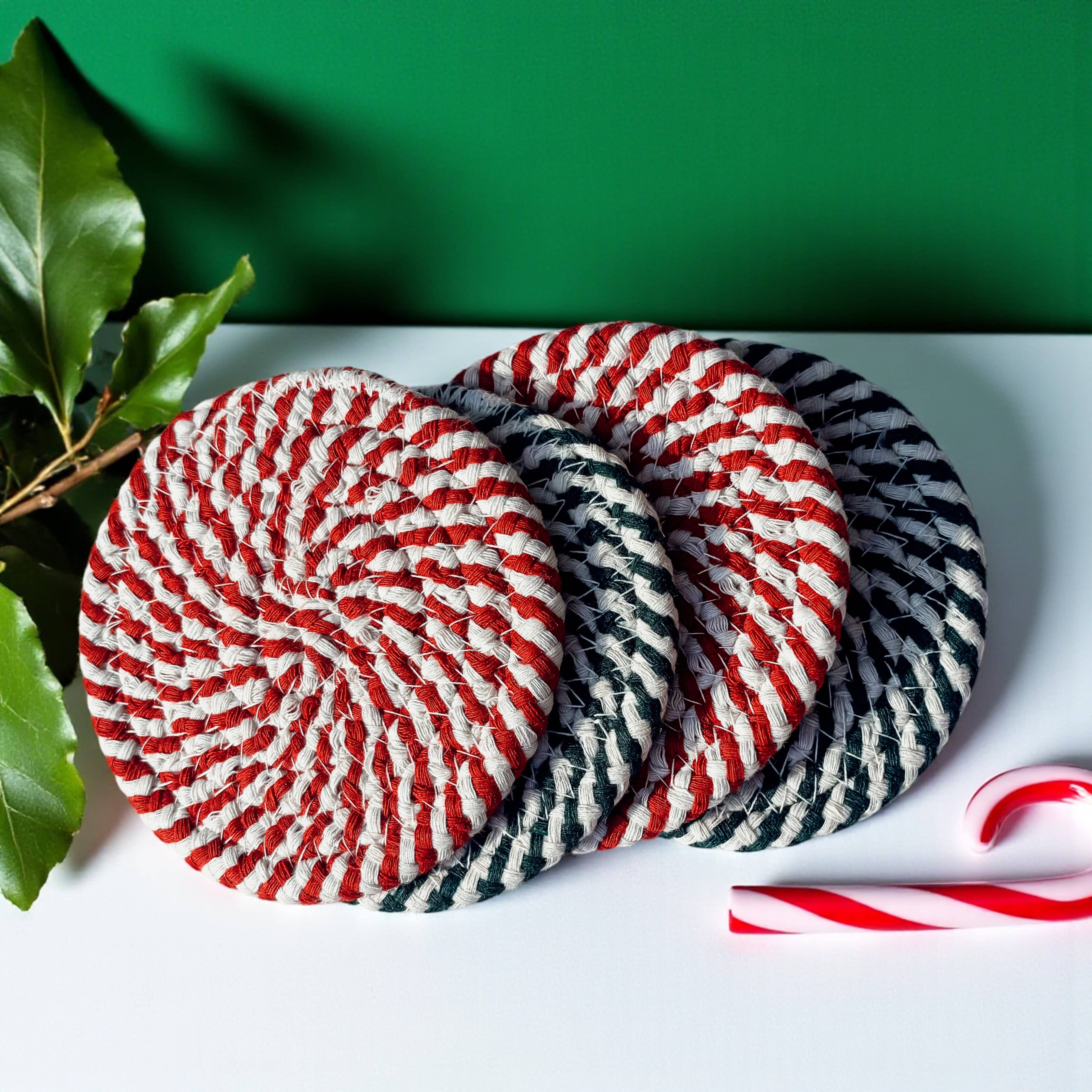 Gia Roma - Wholesale Coasters - Christmas Coasters, Red Candy Cane Braided Cotton Fabric Set46
