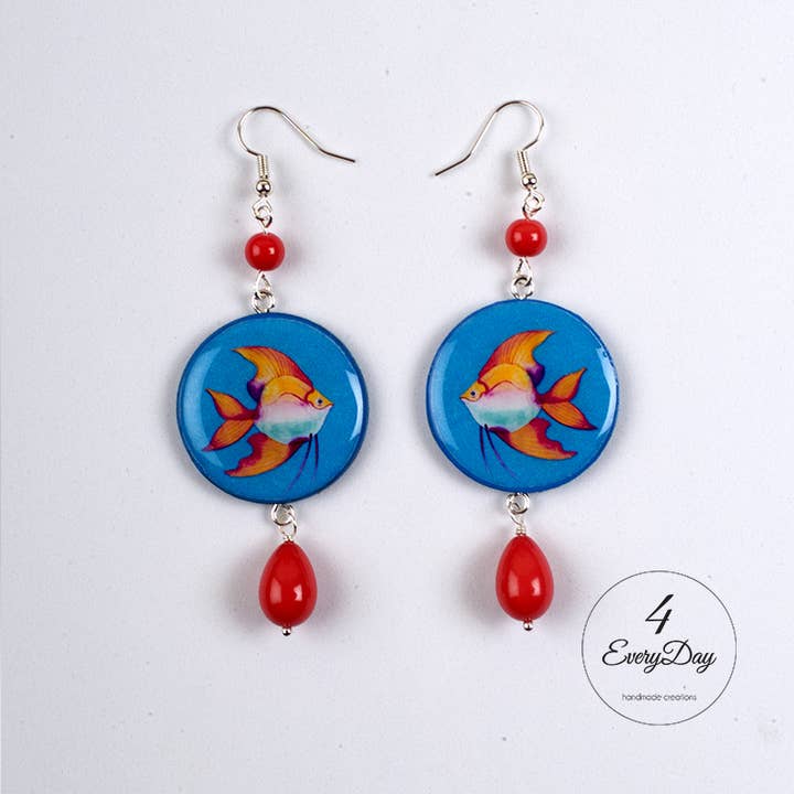 Earrings: orange fish on a blue background for wholesale by 4everyday Handmade
