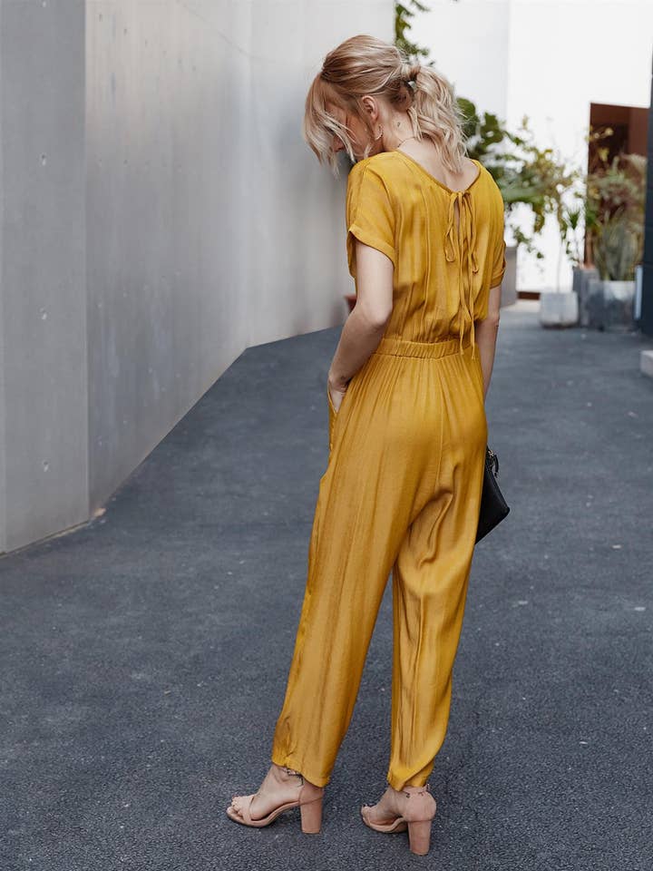 FS Collection - Wholesale Jumpsuit - Women's - Back Detail Short Sleeve Jumpsuit In Yellow3